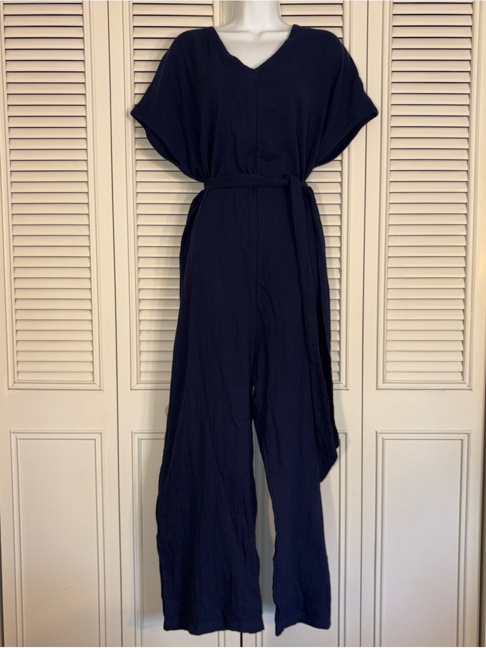 Pact Jumpsuit Navy Blue Sz L Wide Leg Organic Cotton Pocket Tie Waist Minimalist